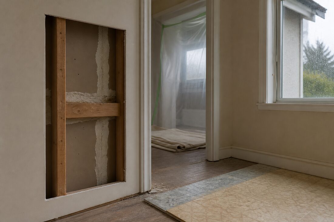 A small inspection opening cut into the hallway wall of a 1970s Fraser Valley home, showing wood framing and old drywall joint compound, with layers of vinyl flooring exposed at the doorway and plastic sheeting closing off the next room